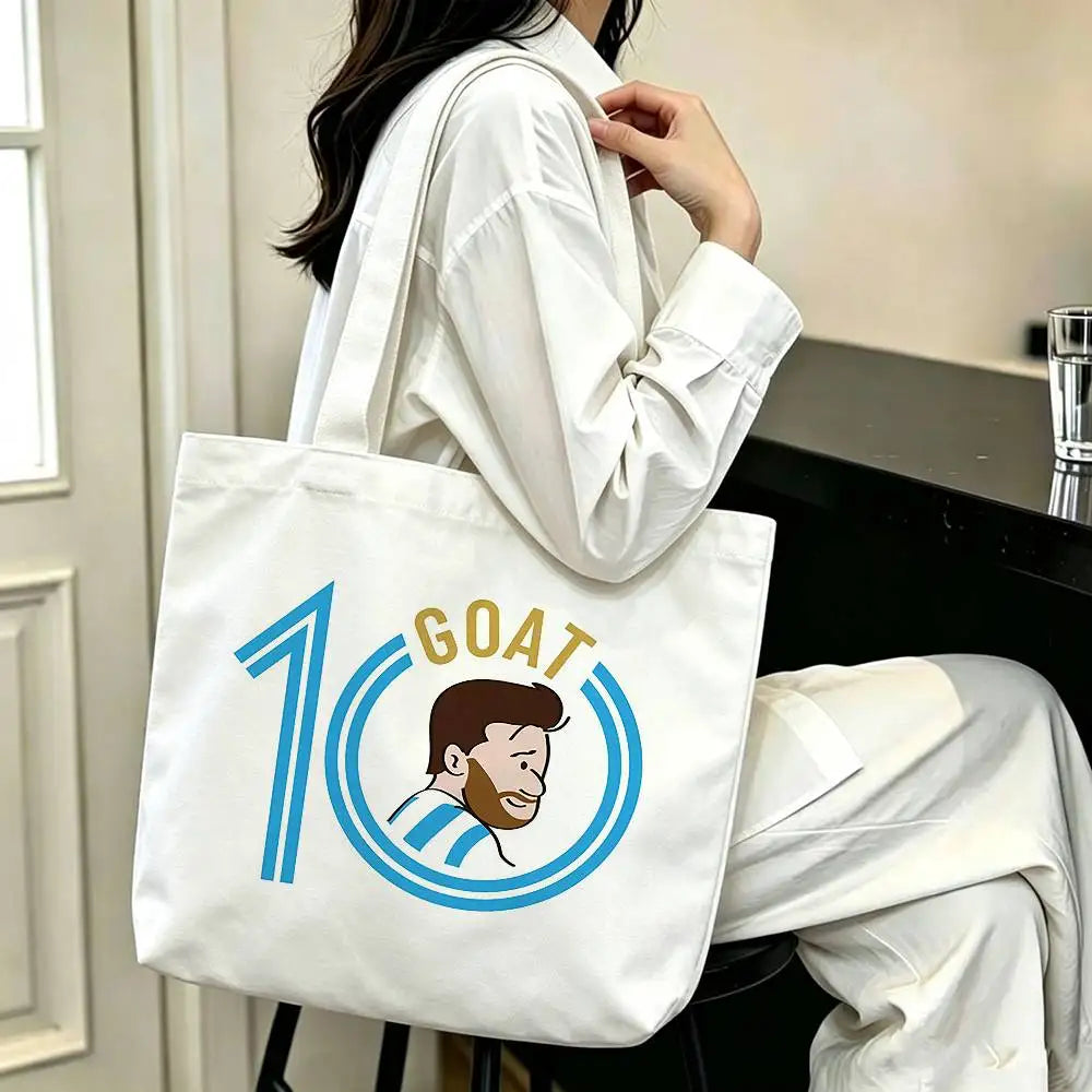 sac main blanc bleu clair rayures messi 10 polyestère réutilisable moderne graphique poignées détachables