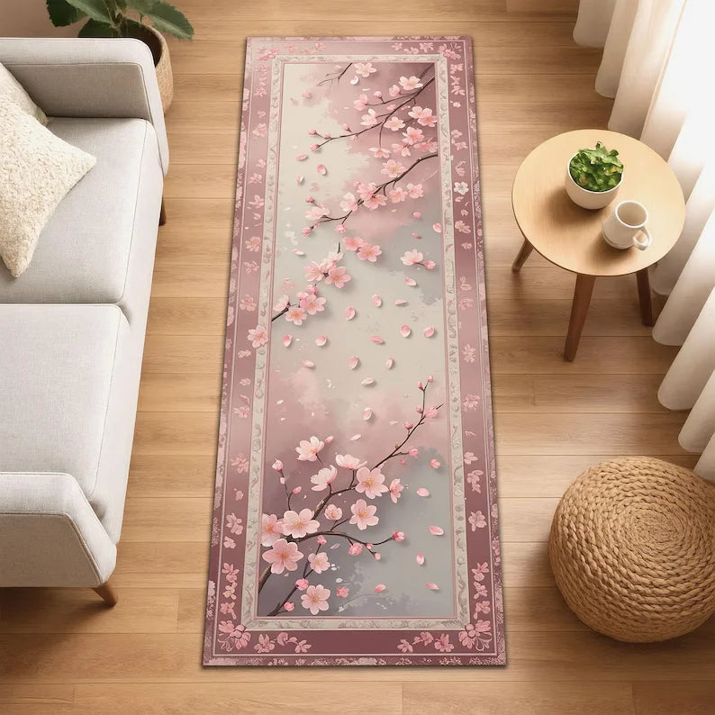 tapis long fleurs cerisier rose noir blanc salon chambre antibactérien absorbant