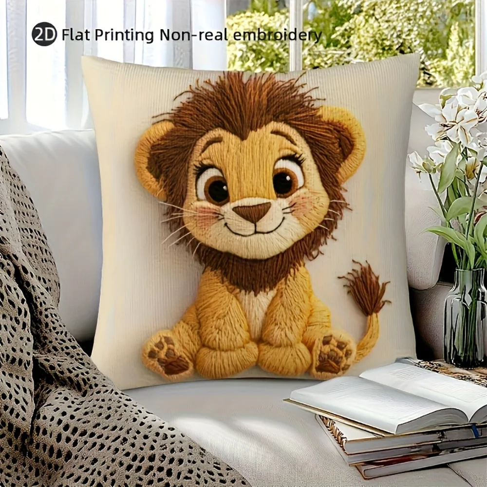housse coussin carré lion mignon dessin animé cartoon polyester beige décoration maison chambre salon