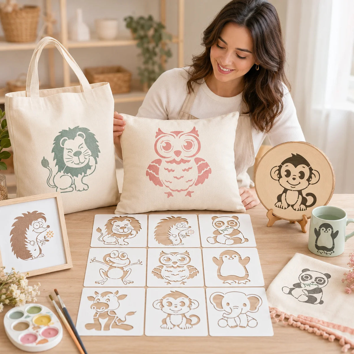 pochoirs animaux mignons blancs cartoon gabarits peinture tissu toile loisirs créatifs DIY différents