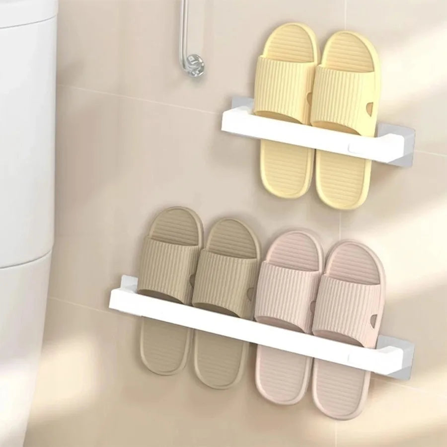 support rangement mural sabots moderne adhésif rose clair beige bleu gris rayures horizontales plastique