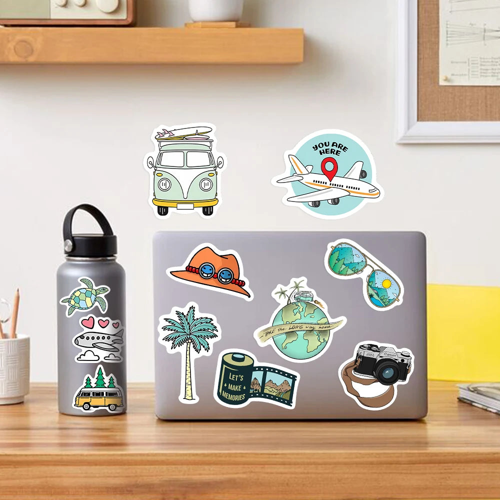 stickers voyage multicolores caméra bus avion sac dos adhésifs étanches modernes diy scrapbook téléphone