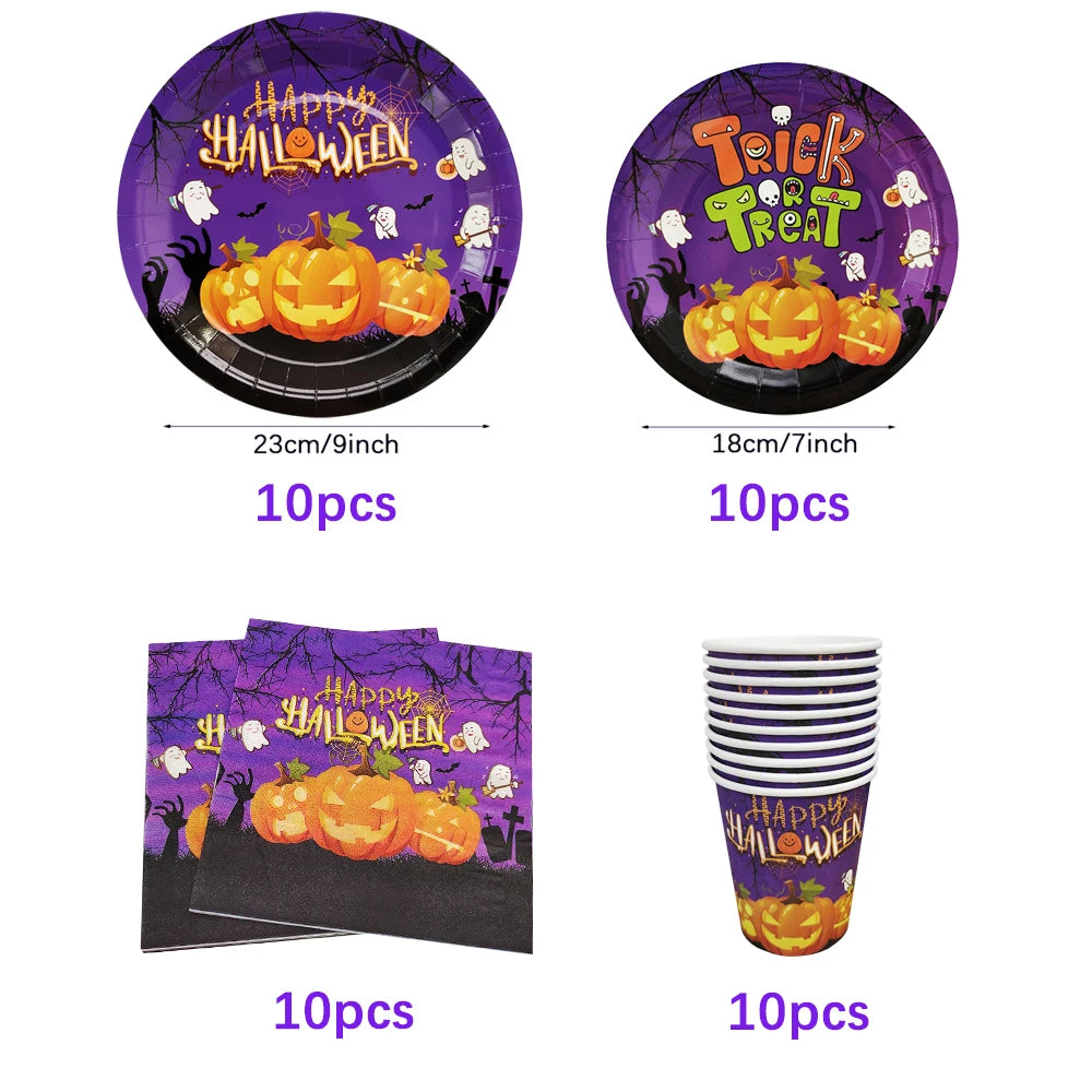 vaisselle jetable halloween assiettes gobelets pailles serviettes nappe citrouilles fantômes araignées violet orange