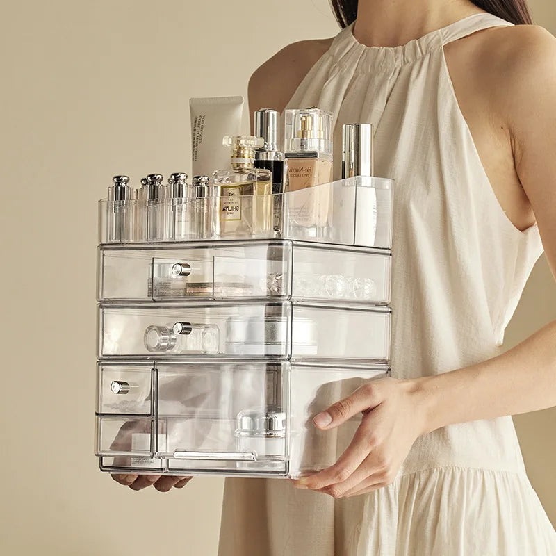 boîte maquillage transparent moderne poignées métalliques pince brosse cosmétiques grande capacité anti poussière