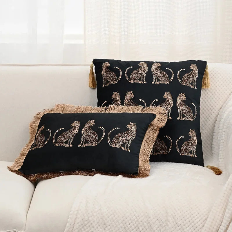 taie d'oreiller carrée léopard doré vintage tassel adhésif décorative verte noire polyester coton 45x45cm