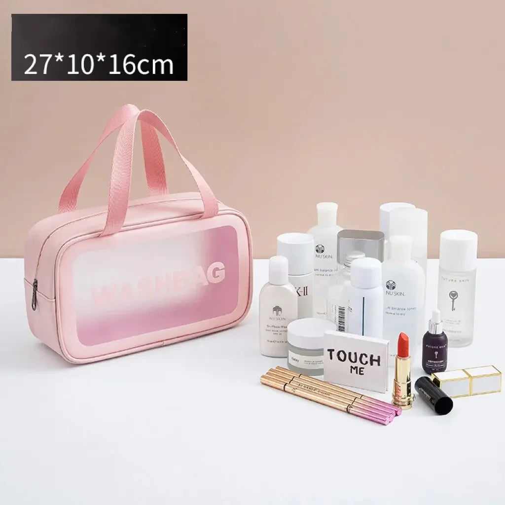 sac rangement multifonctionnel rose transparent moderne poignée amovible grande capacité réutilisable cosmétiques toiletpasseport voyage