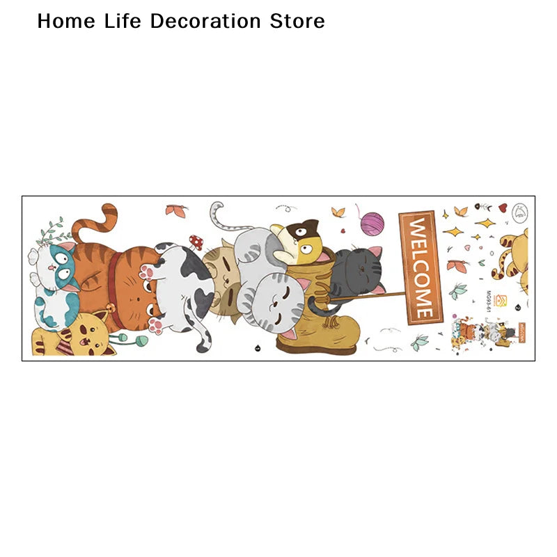 sticker mural multicolore dessin animé chats bienvenue fleurs papillons adhésif chambre enfant deco cartoon