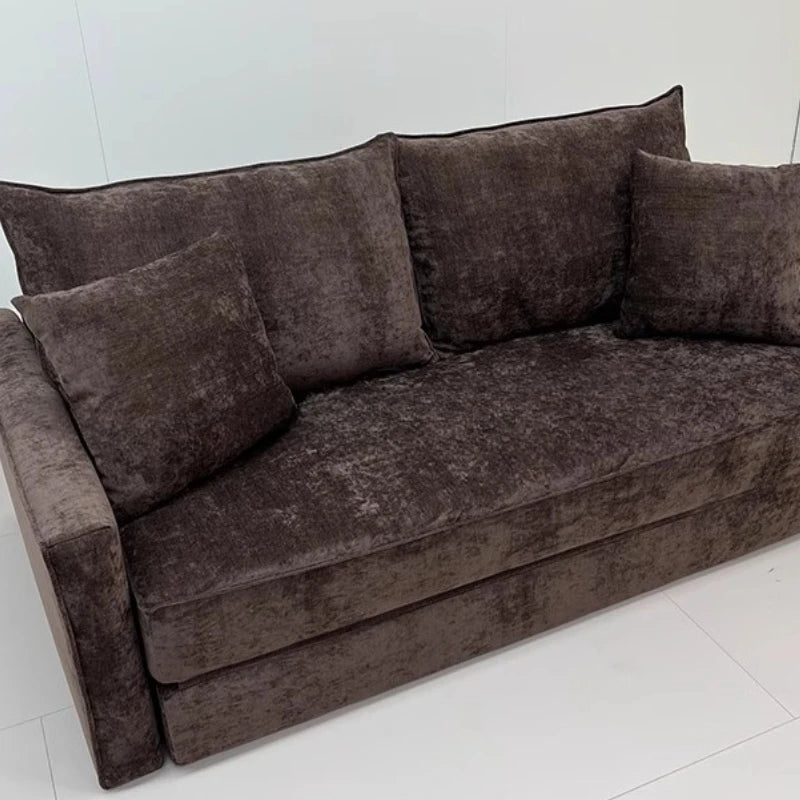 canapé lit marron velours moderne coussins oreillers bois éponge compression minimaliste scandinave