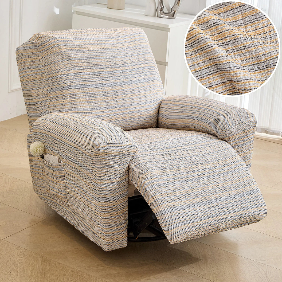 housse fauteuil inclinable beige clair tissu petits points noirs protection siège salon moderne extensible