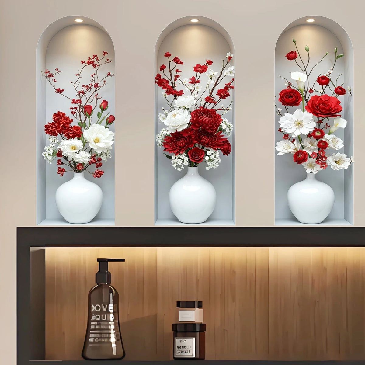 décoration murale moderne bouquet fleurs artificielles rouge blanc vase chambre salon