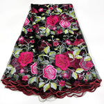 tissu dentelle africain floral brodé noir rouge vert rose violet 120cm 5mètres hautequalité translucide