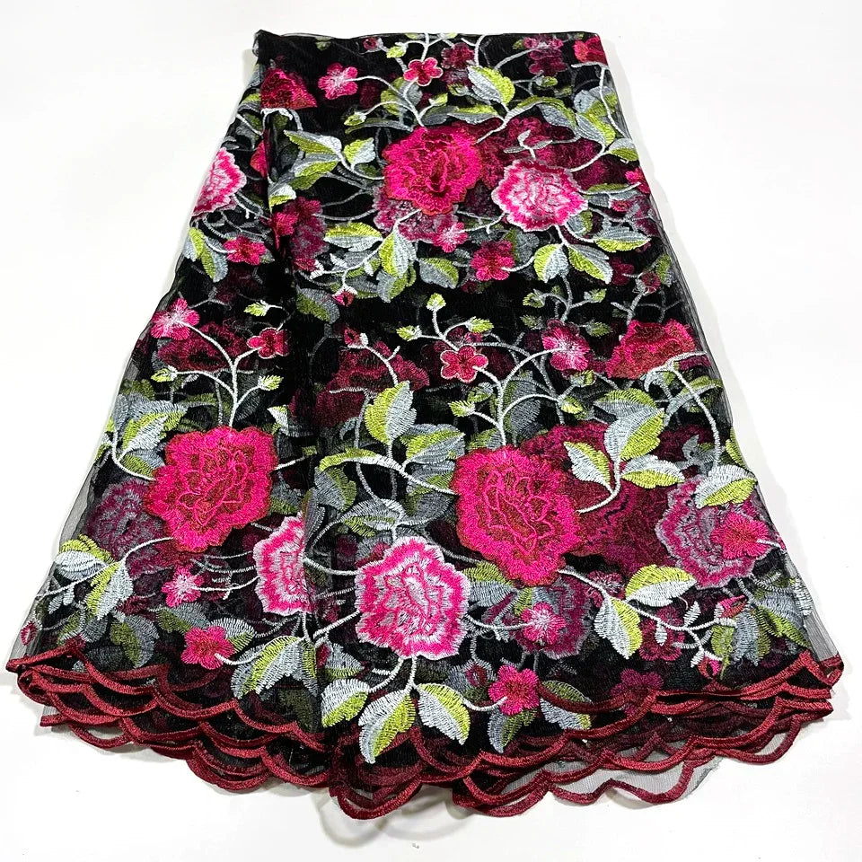 tissu dentelle africain floral brodé noir rouge vert rose violet 120cm 5mètres hautequalité translucide