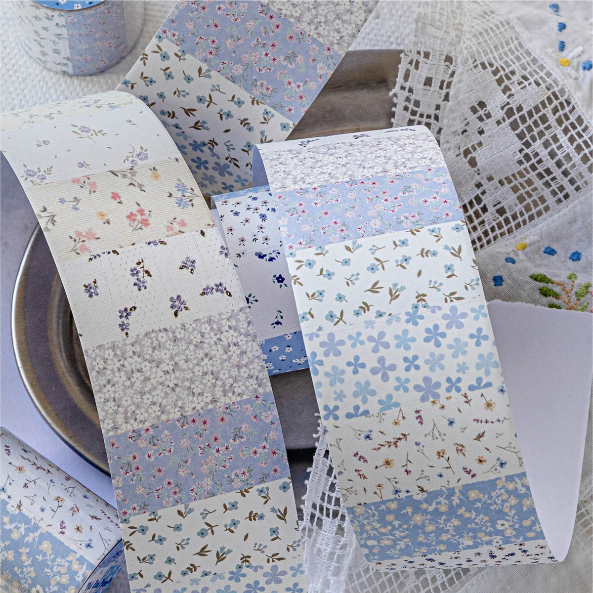 rubans adhésifs décoratifs fleurs vintage blanc bleu vert rose marron violet points floral scrapbooking