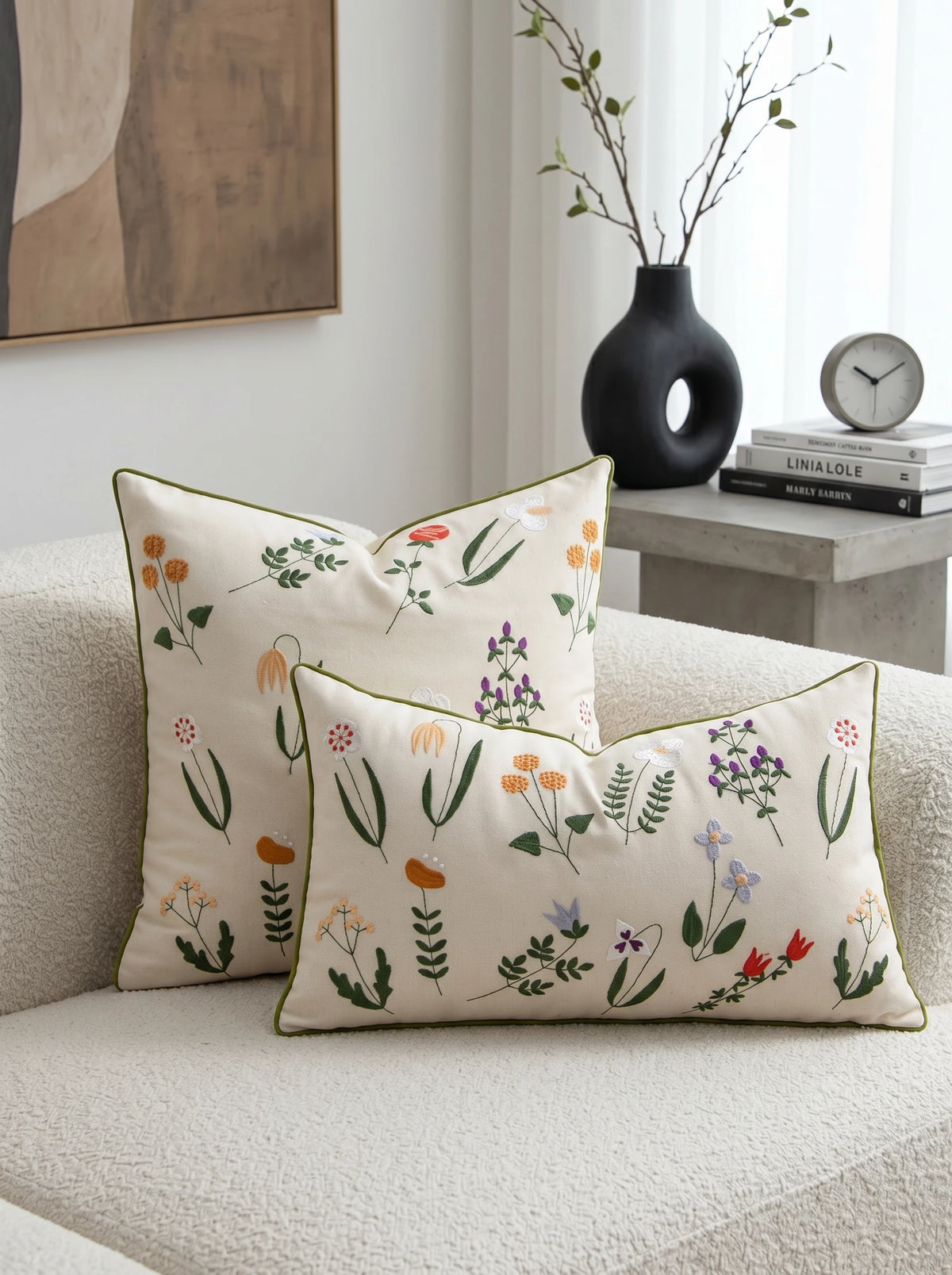 housse coussin fleurs sauvages polyester moderne délicat beige vert violet orange blanc opaque 45x45cm