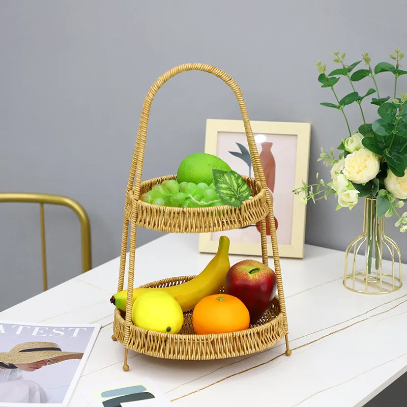 panier fruits tressé deux niveaux naturel rustique moderne poignée métal robuste