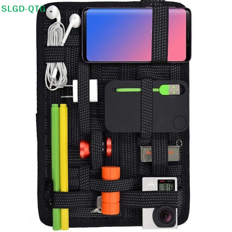 pochette organisatrice tissu noir moderne velcro compartiments smartphone câbles écouteursstylo