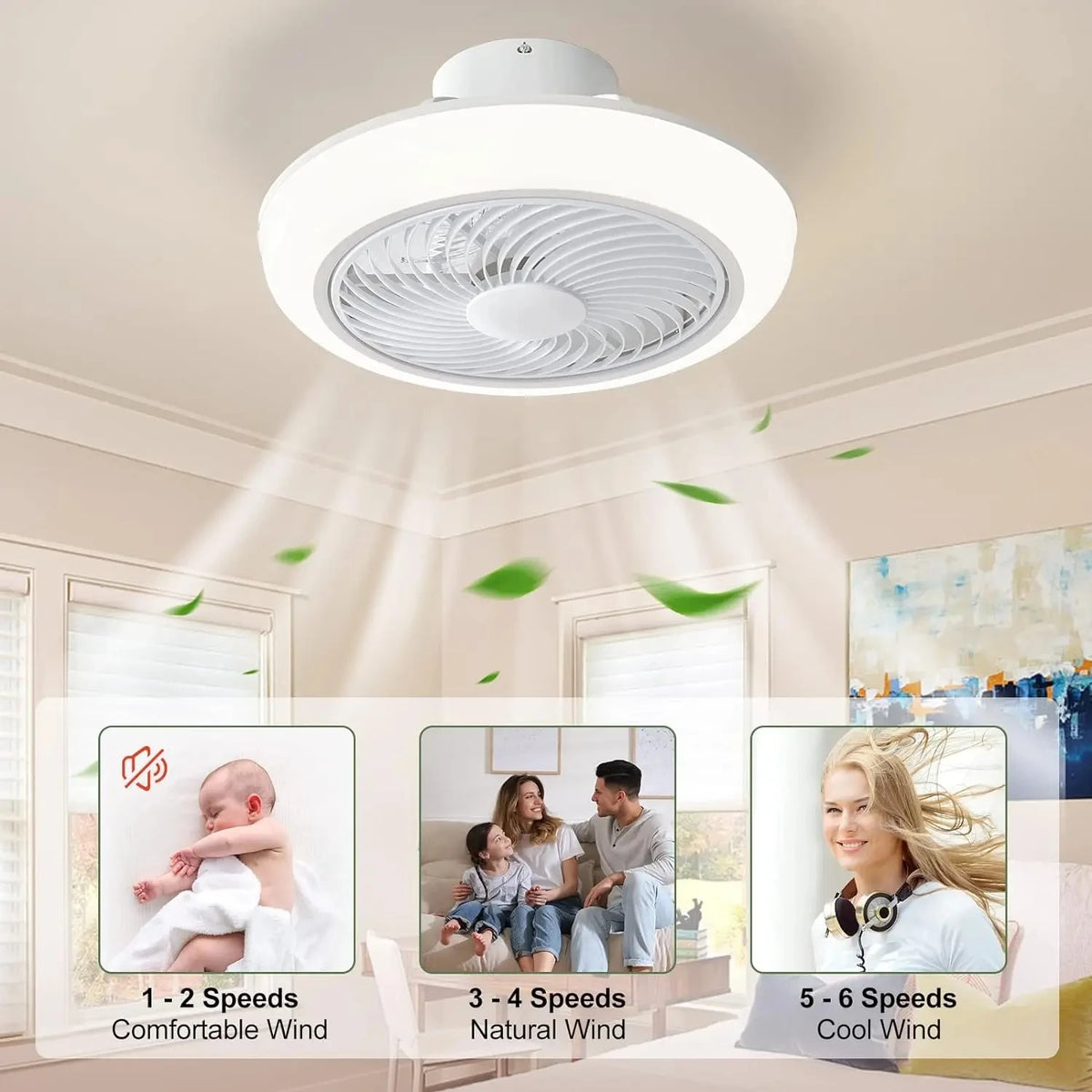 ventilateur lumière led moderne télécommande blanc grille ventilation adjustable