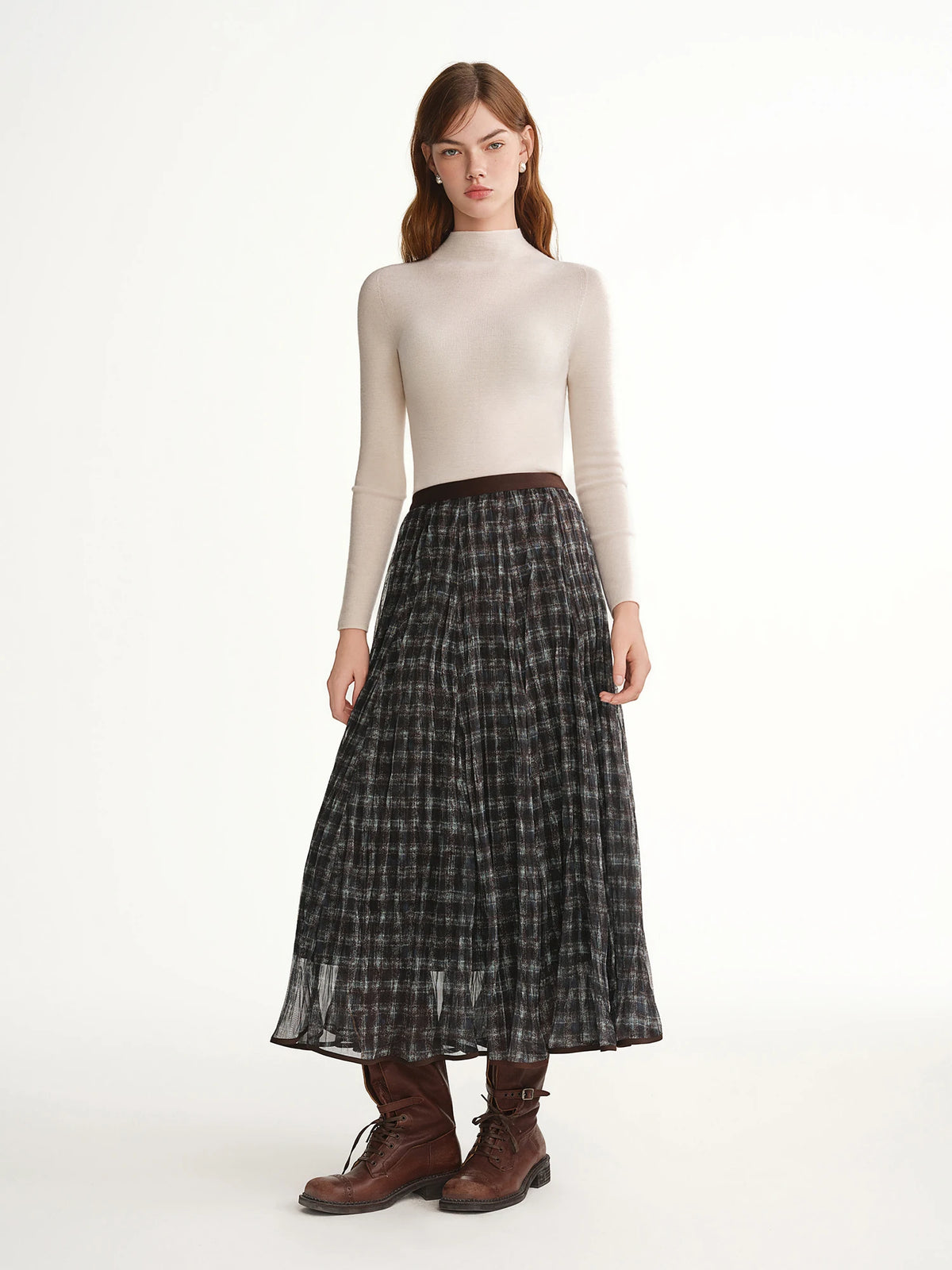 jupe plissée carreaux gris noir femme hiver classique polyestère loose midi