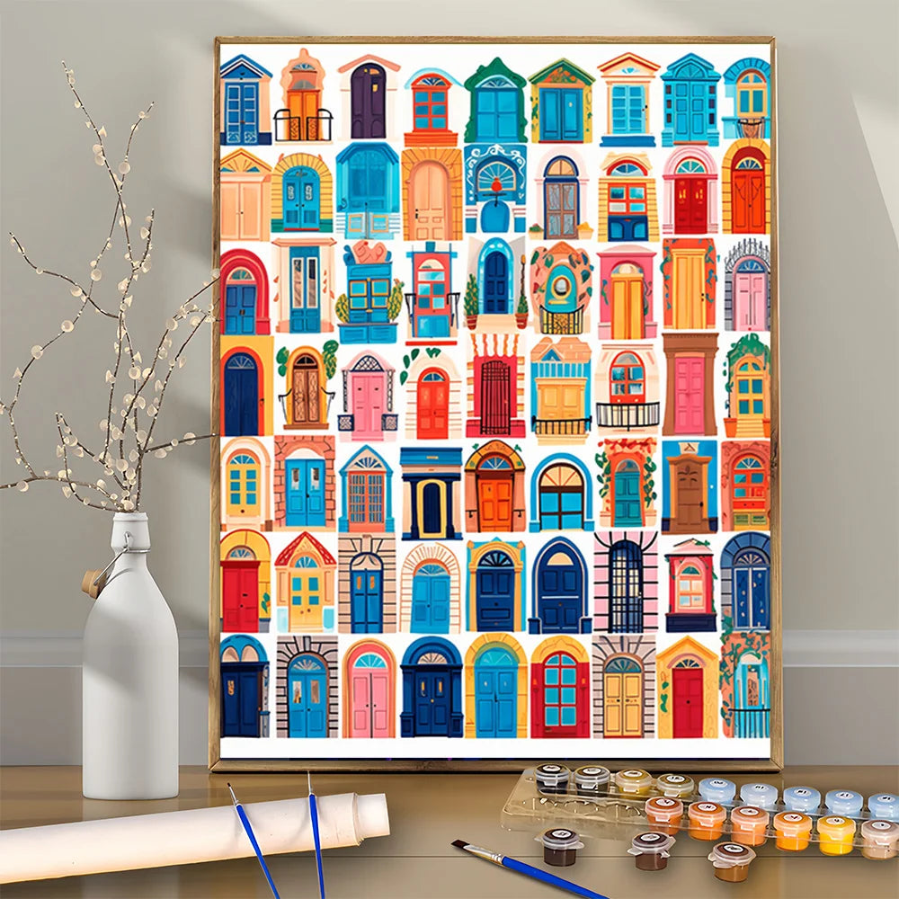 tableau moderne multicolore motif portes cadre bois peindre toile 50x40cm abstrait propylène unique decoration