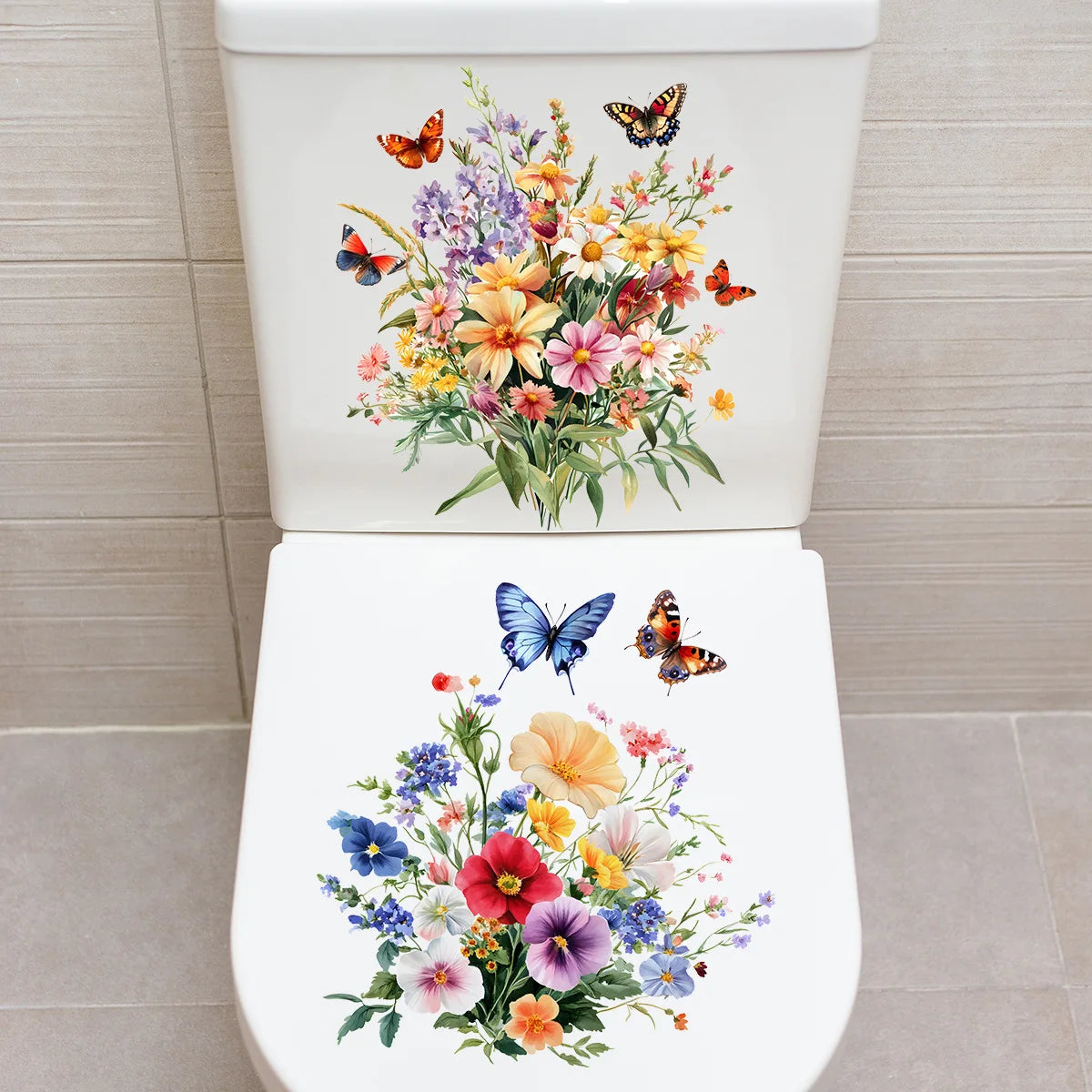 autocollants muraux fleurs colorées bouquet papillons salle bain blanc 30x30cm 2pièces adhésifs