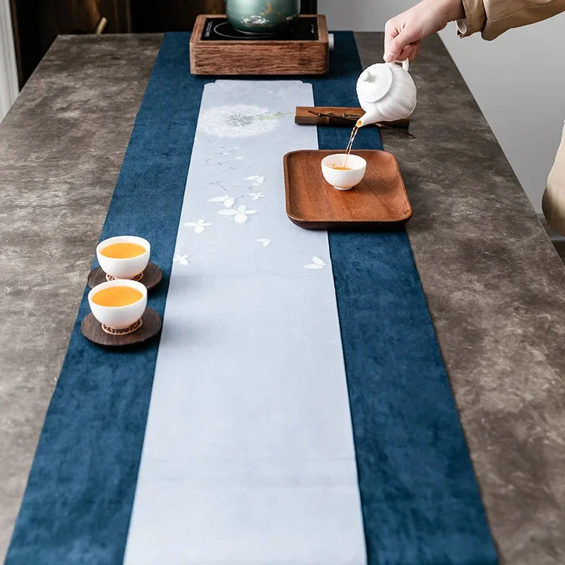 chinois moderne chemin table fleurs blanches vert bleu marine gris rose pâle polyester coton