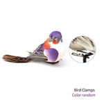 ornements décoration oiseaux artificiels plumage brillant points dorés gris orange vert jaune marron bleu
