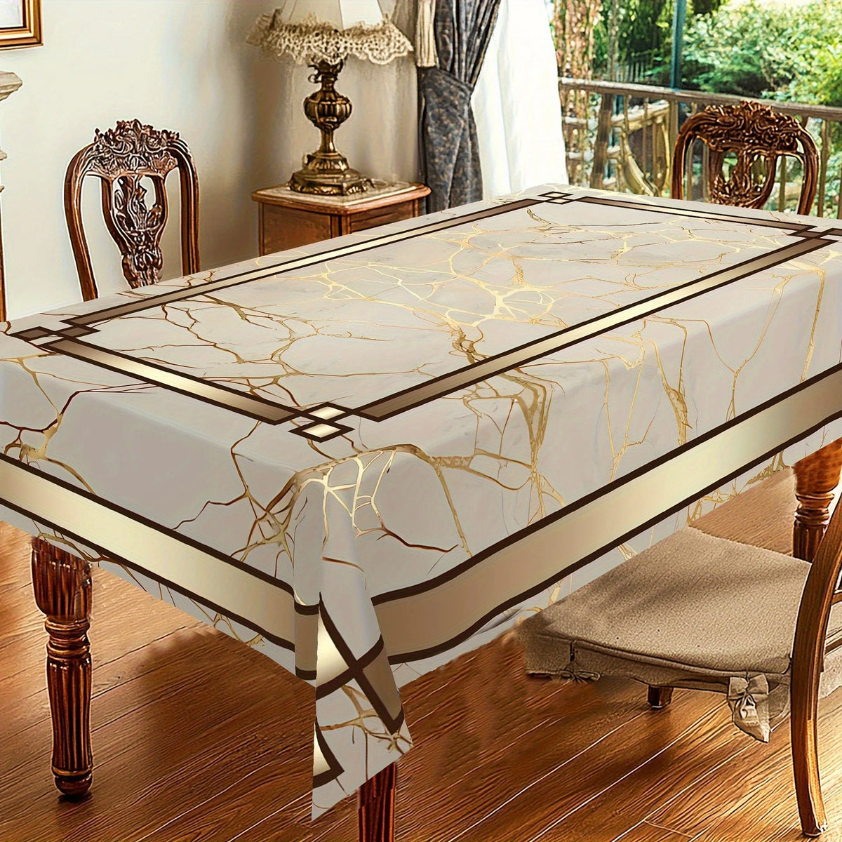 nappe table marbrée blanc doré marron moderne élégante cuisine salon restaurant polyester résistante decoration
