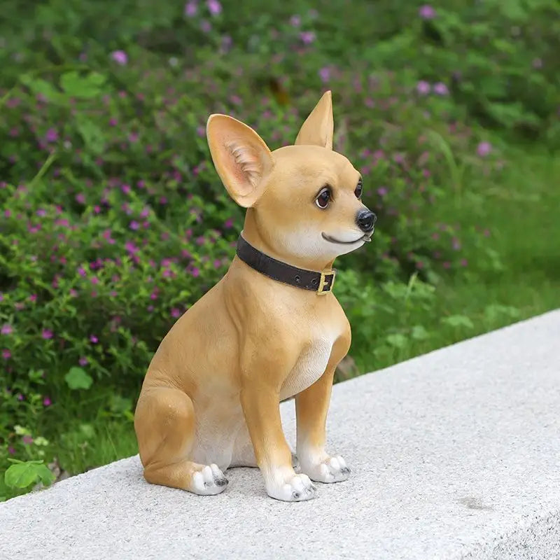 statue chihuahua résine animaux compagnie patio jardin extérieur lumières led lanterne transparente collier boucle