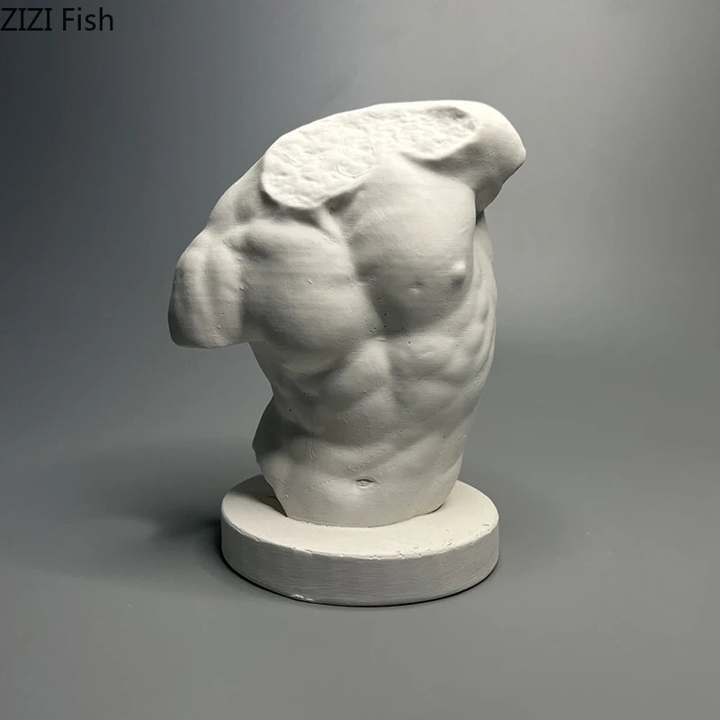 figurine buste masculin sculpture antique blanc gris musculature detaillee texture rugueuse socle circulaire deco