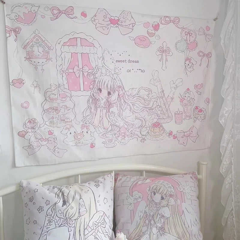 tapisserie murale kawaii personnages féminins dessins animés sweet dream rose blanc chambre salon decoration
