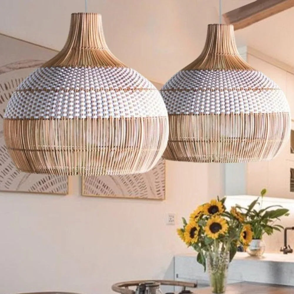 lampe suspendue rotin moderne tissage géométrique beige blanc salon chambre