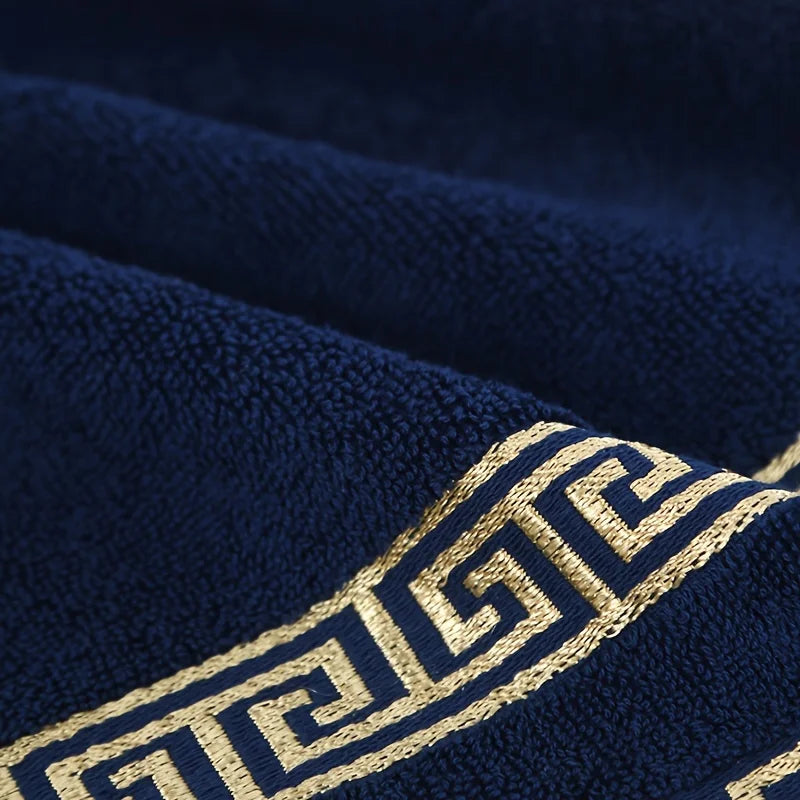 serviettes bain coton brodées géométriques bleu marine marron blanc absorbantes machine