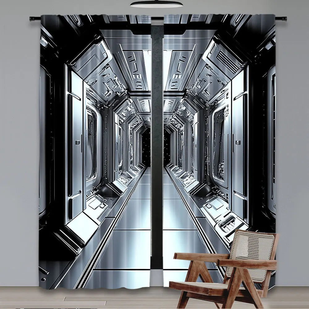 rideau futuriste noir argenté polyester opaque deux panneaux moderne industriel 75x166cm 105x230cm 130x210cm