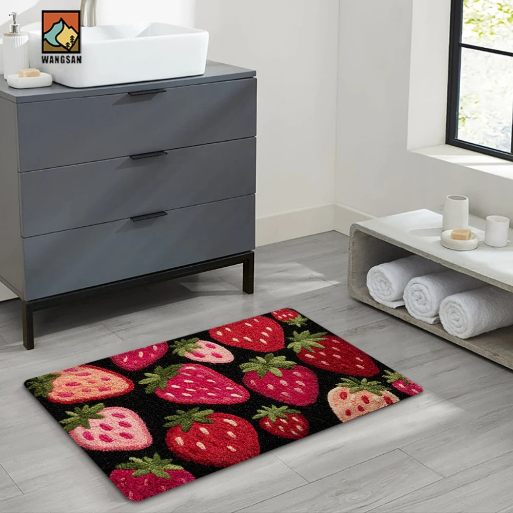 tapis moderne fraises noir rouge rose anti dérapant entrée bain couloir soft polyeste