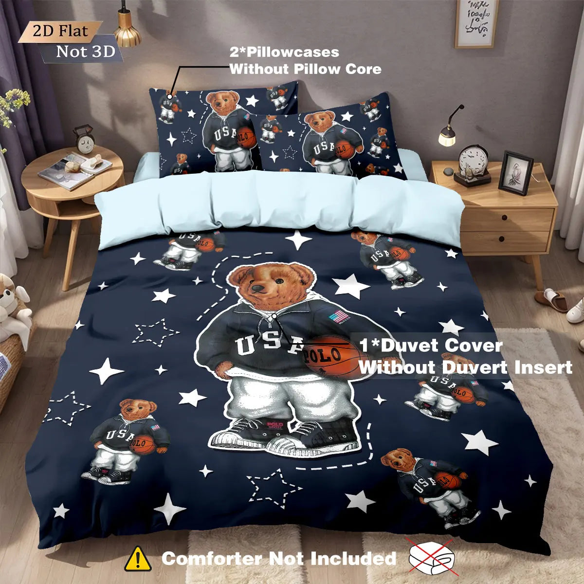 ensemble literie ours basket bleu marine blanc gris moderne taies d'oreiller housse couette imprimé