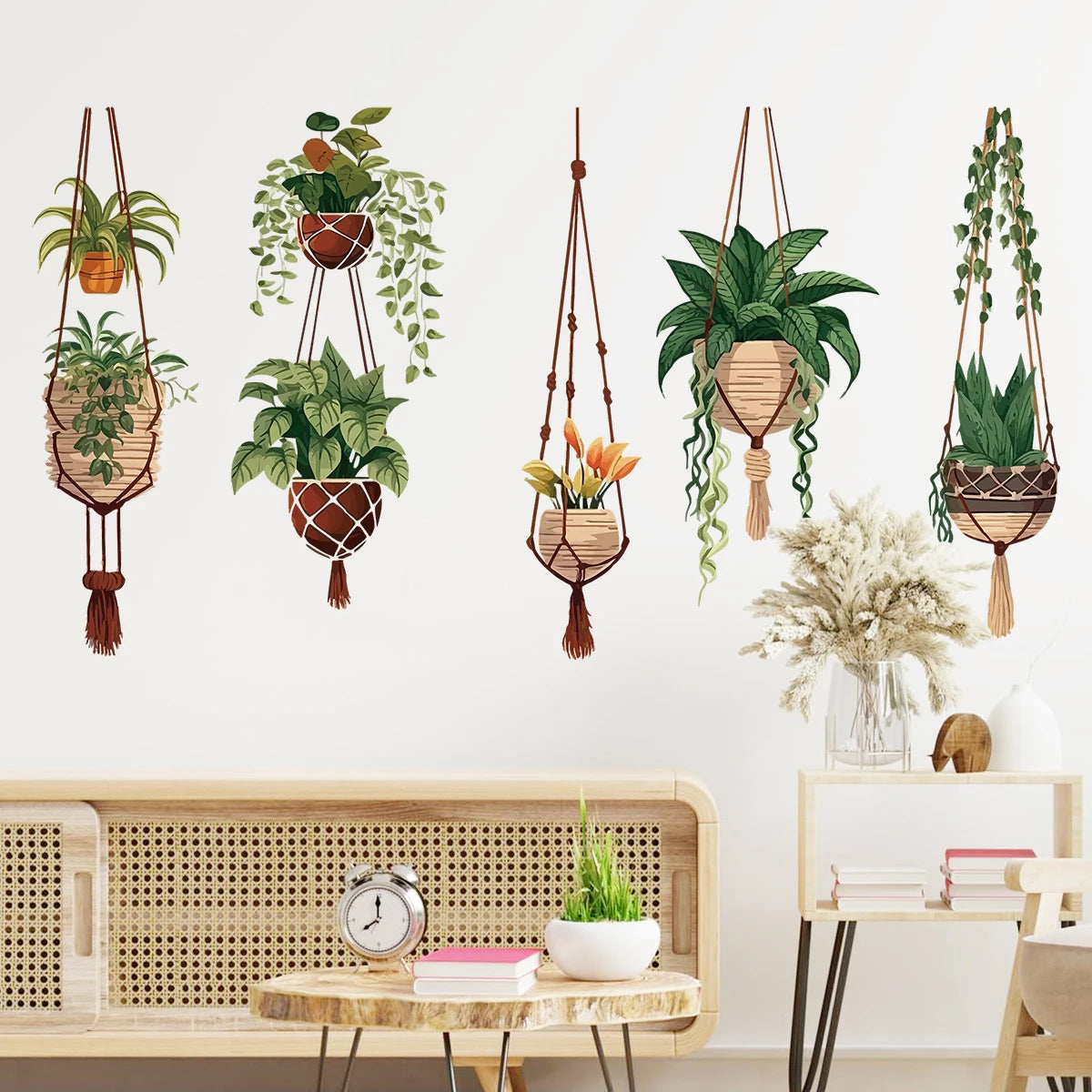 stickers muraux paniers suspendus macramé boho marron vert chambre enfant décoration intérieure tissé artisanal