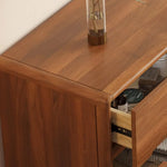 commode chêne foncé tiroirs modernes pieds bois poignées noires chambre salon