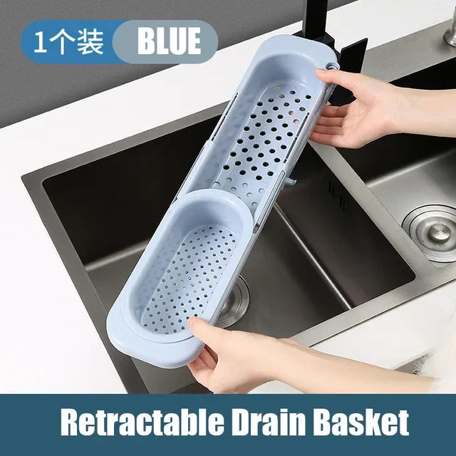 panier drainage rétractable bleu perforé moderne rangement vaisselle gants savon brosse