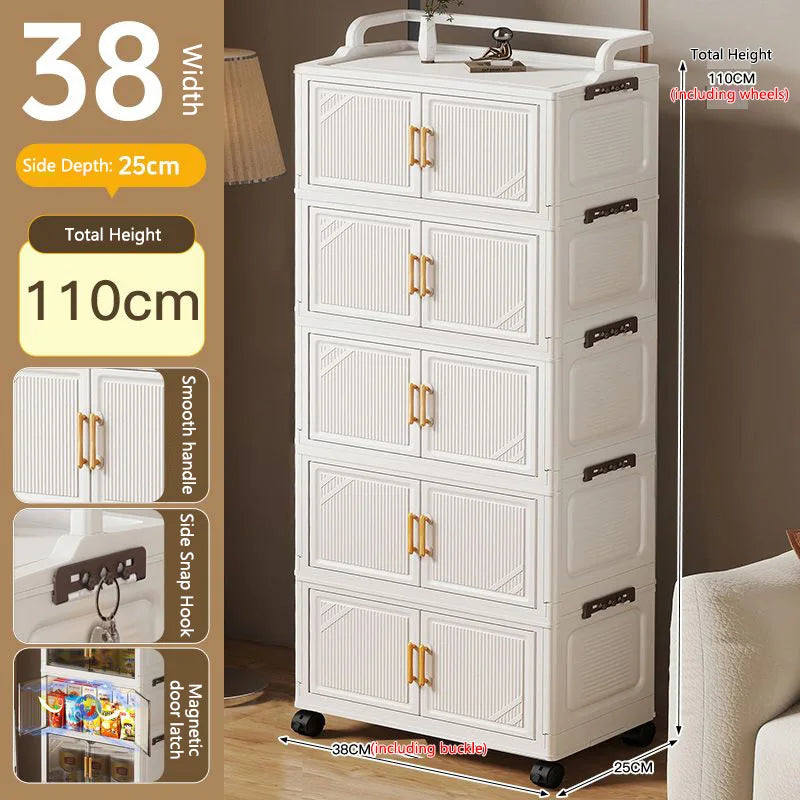meuble rangement pliable blanc roulettes portes poignées dorées vêtements