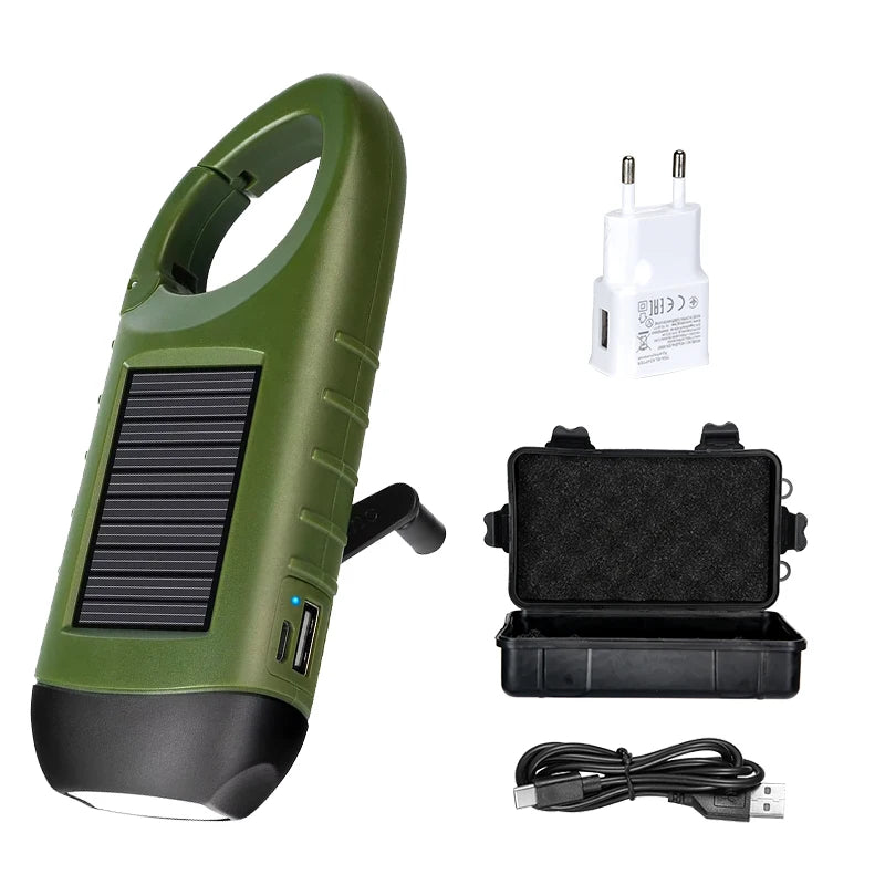 lampe torche solaire vert olive rechargeable rayures horizontales mode fixation annexe chargeurs camping