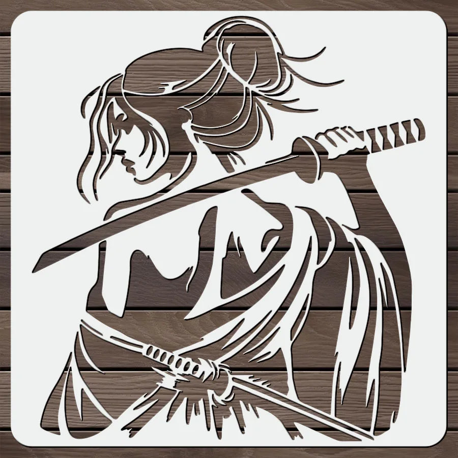 Stencil blanc samouraï femme épée art traditionnel peinture tissu toile murale decoration artisanale DIY