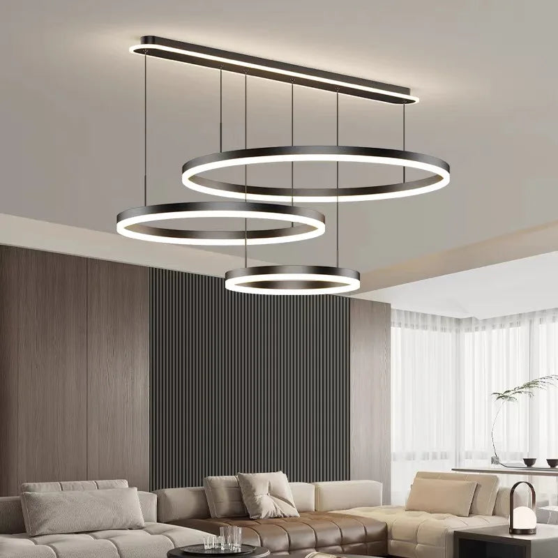 suspension lumineuse moderne anneau concentrique blanc noir led aluminium fixée chaînes