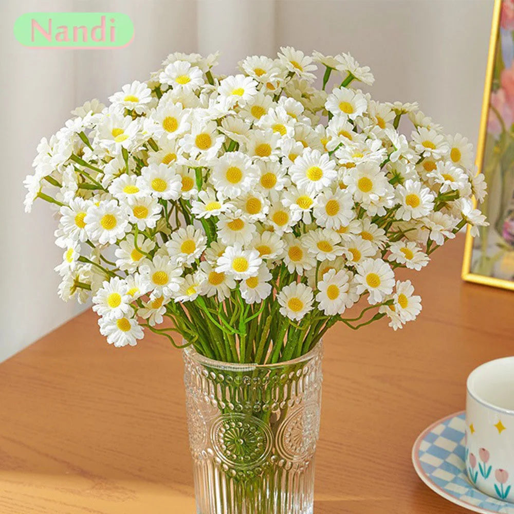bouquet marguerites artificielles blanc jaune décoration intérieure mariage classique naturel élégant fleurs polyester