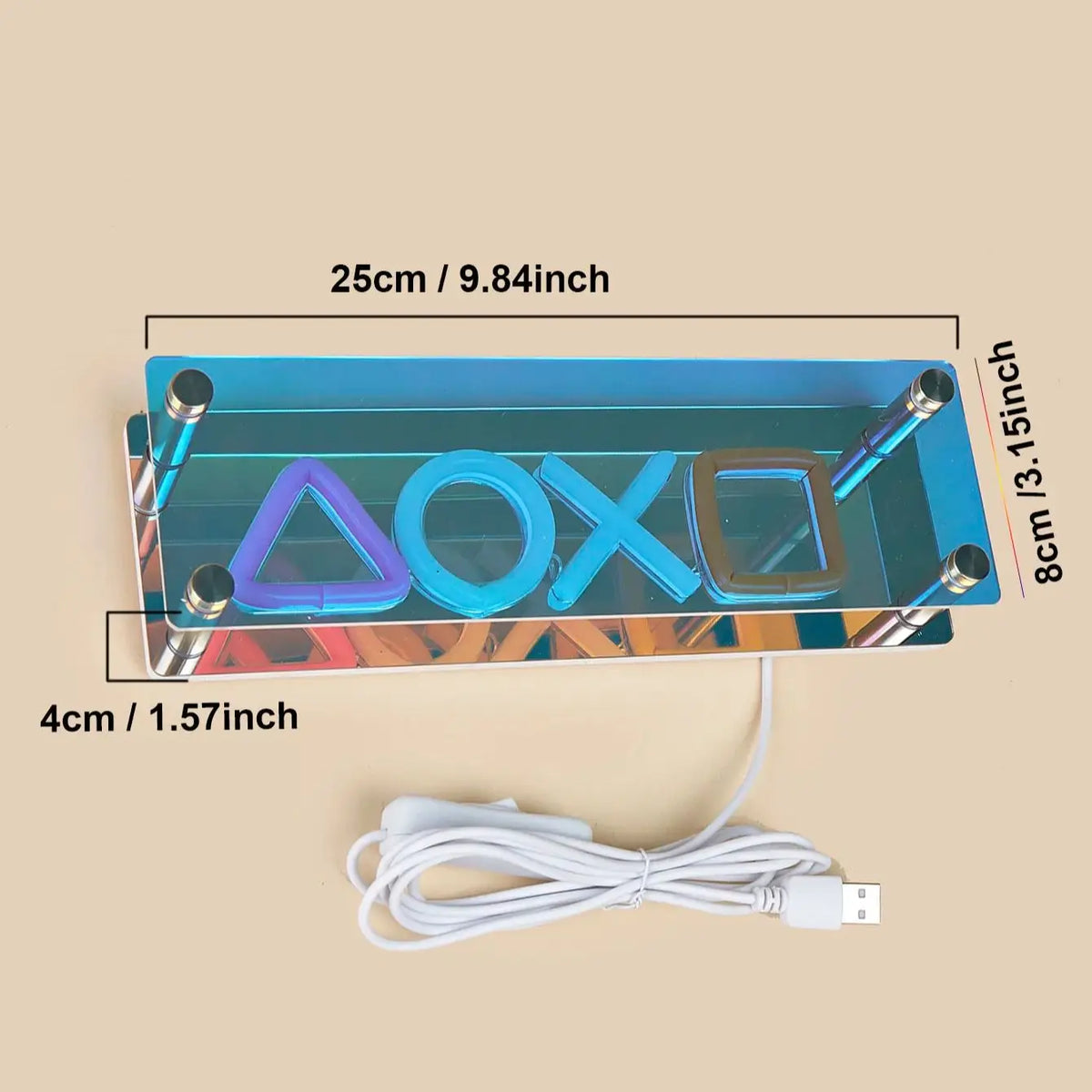 lampe néon violet bleu verte jaune moderne symboles jeu clips métalliques câble usb alimentation