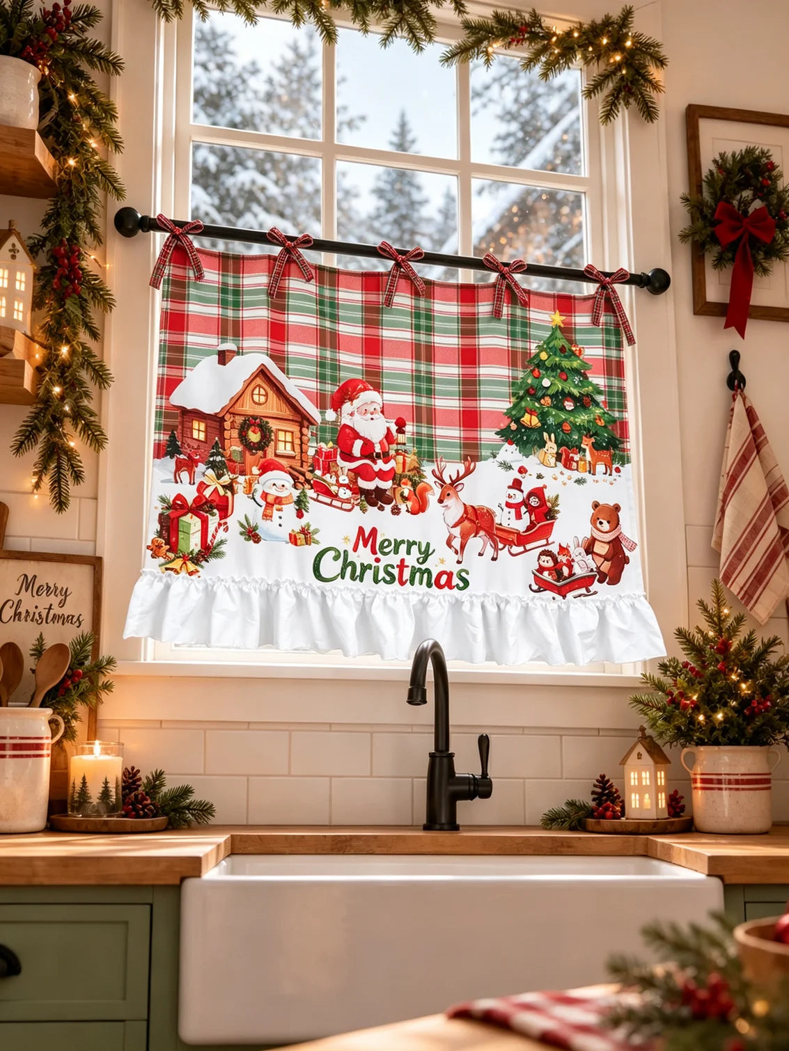 rideau noël imprimé carreaux père noël ours fenetre cuisine rouge vert blanc festive