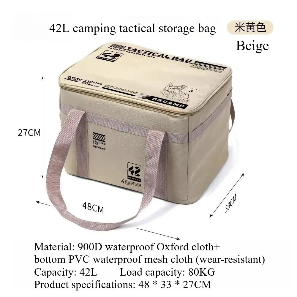 sac rangement camping vert olive imprimé militaire 30L étanche boucles métalliques assiettes couvercles bouteille