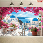 papier peint mural paysage santorini dômes bleus fleurs roses classique blanc gris grande taille