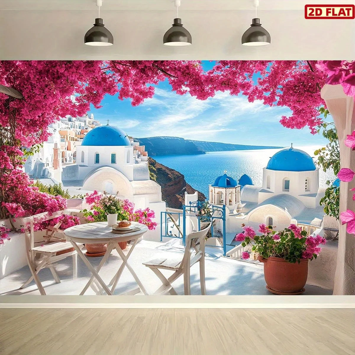 papier peint mural paysage santorini dômes bleus fleurs roses classique blanc gris grande taille