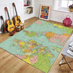 tapis carte monde géométrique bleu vert moderne salon chambre entrée polypropylène polyester