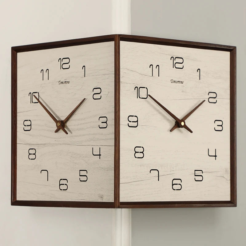 horloge murale moderne double face bois texture minimaliste date heure salon